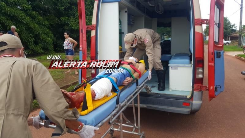 Rolim de Moura – Motociclista sofre grave ferimento na perna após colidir em carro no Bairro Cidade Alta
